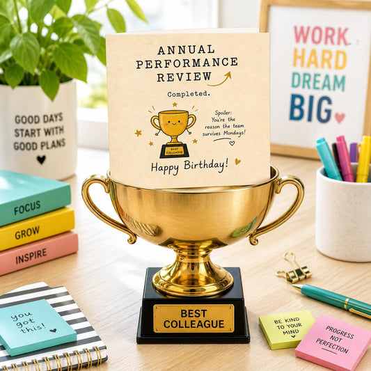 Annual Performance Review Completed – Work Bestie Birthday Card 💼🎉