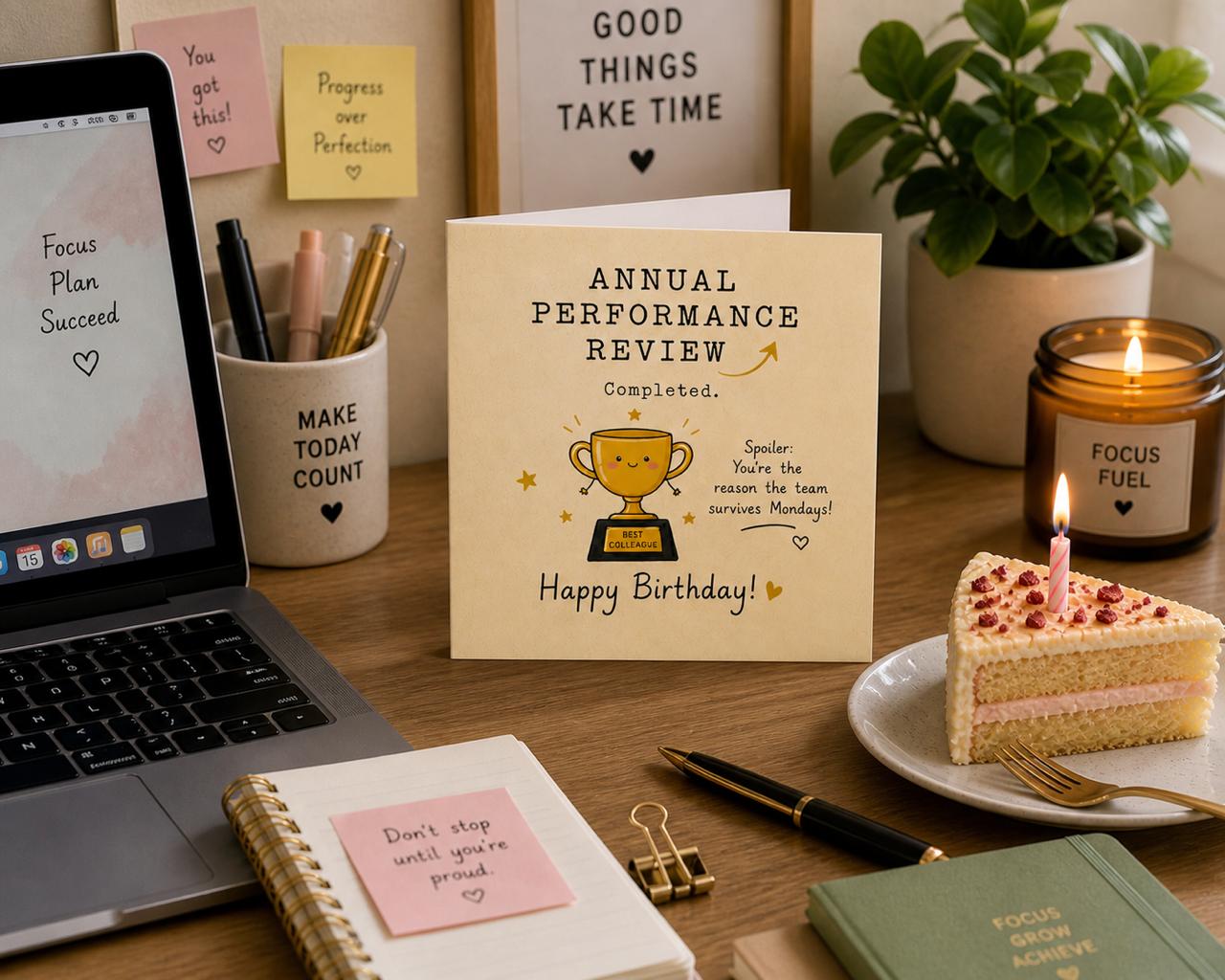 Annual Performance Review Completed – Work Bestie Birthday Card 💼🎉